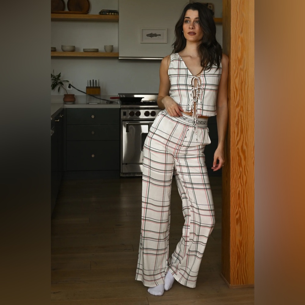 YLLW SET LEIGHTON REVERSIBLE LINEN TANK TOP DREW PANTS PJ yellow the label plaid